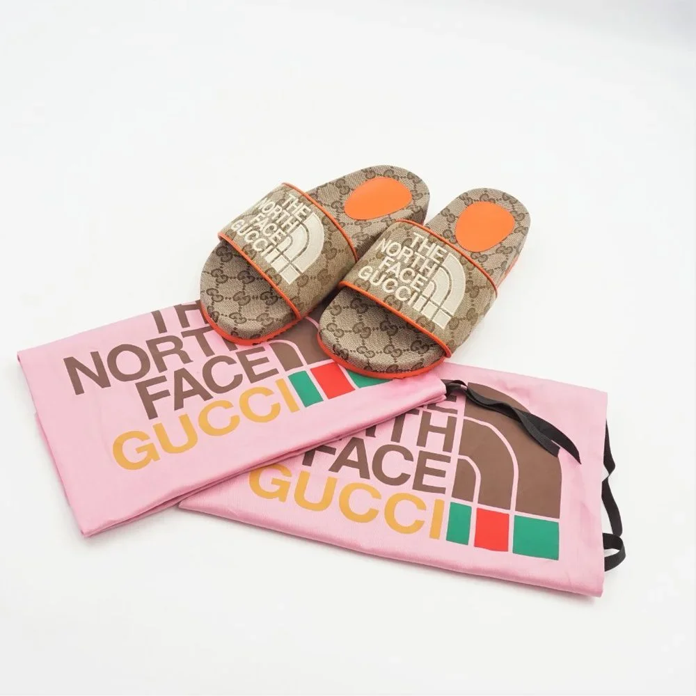 New in Blemished Box Women's The North Face x Gucci Beige & Orange Slides US 6 - Picture 1 of 16
